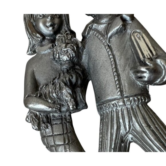 Peltro Cessallato Pewter Sculpture Boy Girl With Dog On Wooden Base 5" T - Picture 6 of 9